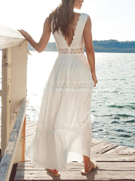 Robe d’été en dentelle fluide col V–Élégance légère