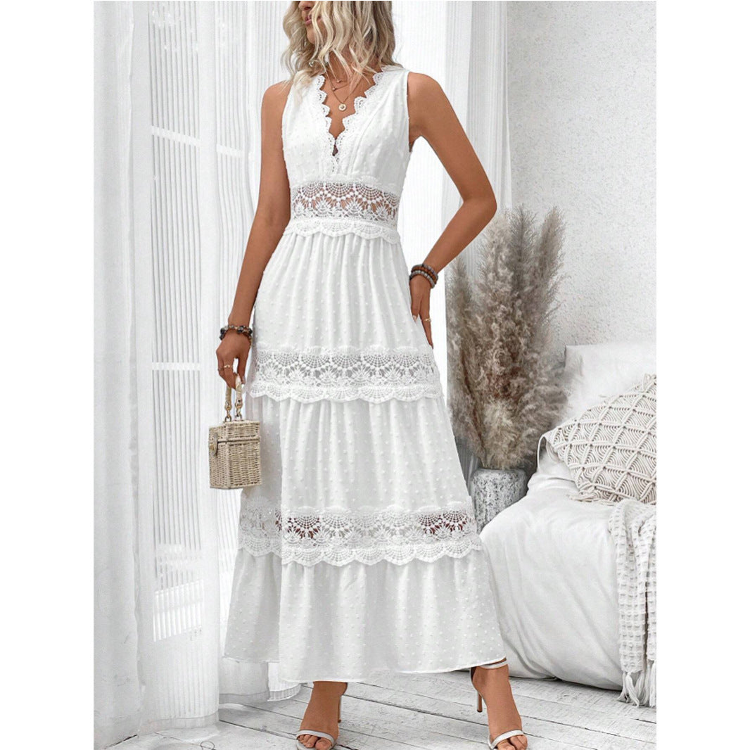 Robe d’été en dentelle fluide col V–Élégance légère