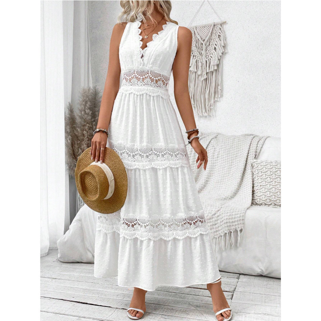 Robe d’été en dentelle fluide col V–Élégance légère