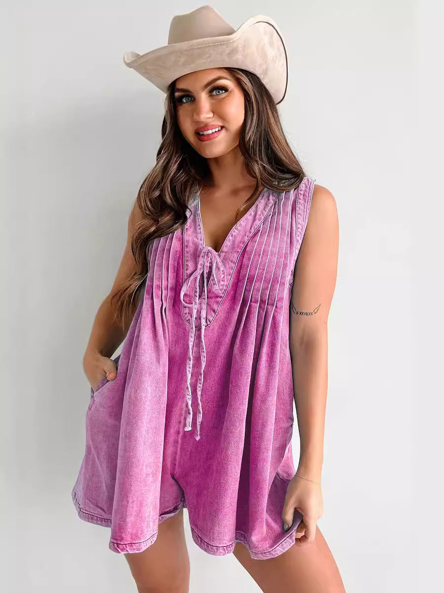 Combinaison courte en jean,chic sans manches  – look estival