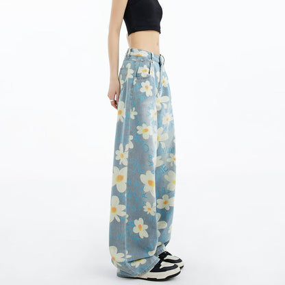 Jean large femme à fleurs – Style estival délavé, coupe fluide