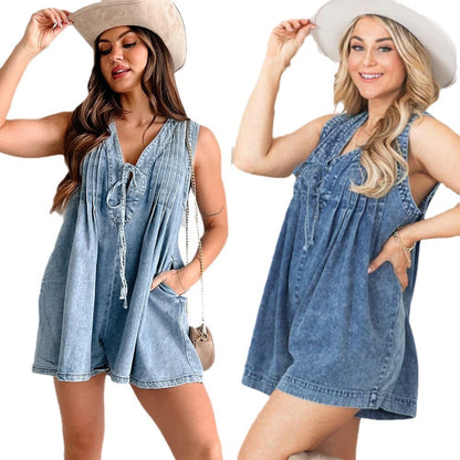 Combinaison courte en jean,chic sans manches  – look estival