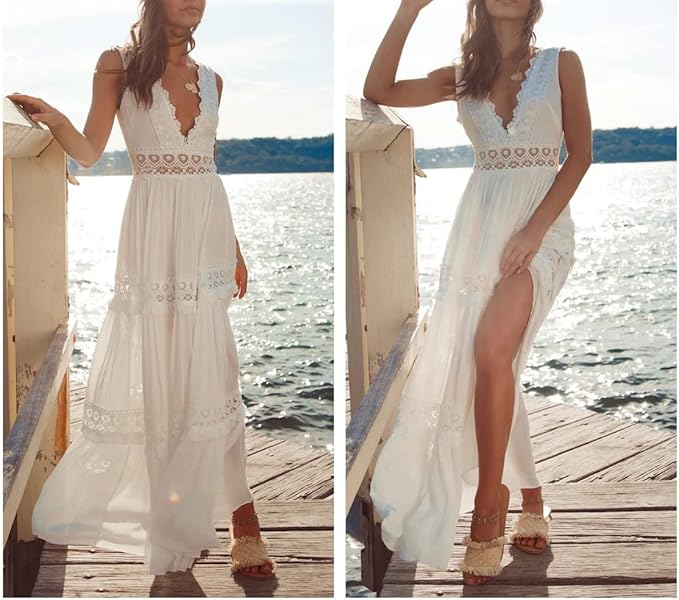 Robe d’été en dentelle fluide col V–Élégance légère