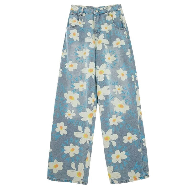 Jean large femme à fleurs – Style estival délavé, coupe fluide
