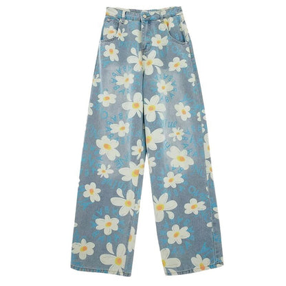 Jean large femme à fleurs – Style estival délavé, coupe fluide