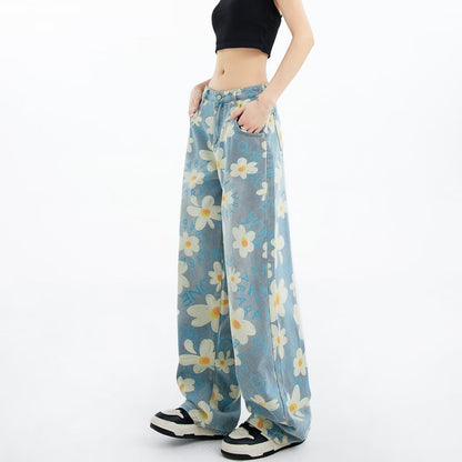 Jean large femme à fleurs – Style estival délavé, coupe fluide
